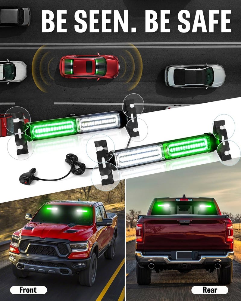 HLauto 1002L Emergency Strobe Traffic Advisor Light Bar: 40LED Dash Safety Warning Flashing Front/Rear Windshield Visor Light for Construction Vehicle, Trucks (2x10.7inch, Green White) - Image 3